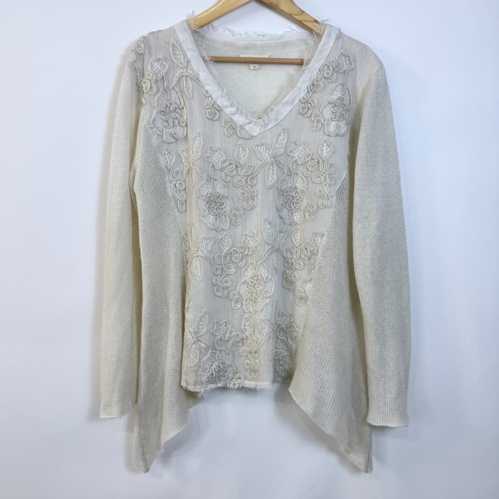 Belle France Floral Applique Embroidered Knit Sweater Size S‎ Oversized Delicate
